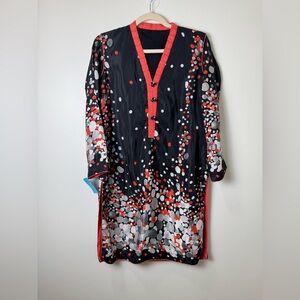 Black Printed Kurta Tunic Red Trim Long Sleeve Size 36 38